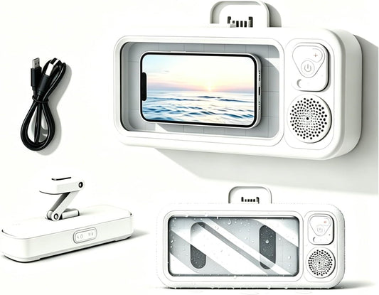 Waterproof Shower Phone Holder with Built-In Wireless Bluetooth Speaker, Strong Magnetic Clasp, High-Sensitivity Touchscreen, 360° Surround Sound, Bathroom Phone Case, for Showering & Washing Face