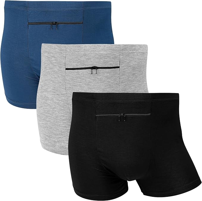 3 Packs Men'S Underwear with a Secret Front Pocket, Boxer Briefs for Men (Black, Grey, Blue)